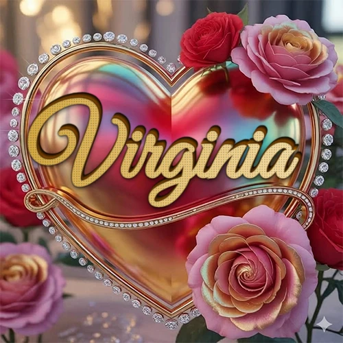 Un marco dorado con forma de corazón tachonado de diamantes, rodeado de rosas naturales en colores que van del rosa al rojo, dando un diseño lujoso y brillante. El nombre Virginia está escrito en el diseño. Un marco dorado con forma de corazón tachonado de diamantes, rodeado de rosas naturales en colores que van del rosa al rojo, dando un diseño lujoso y brillante. El nombre Virginia está escrito en el diseño.