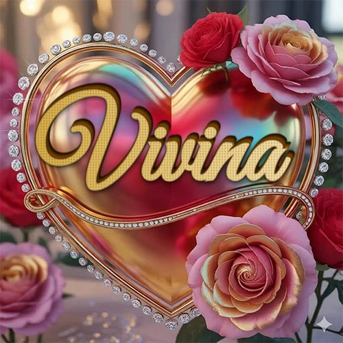 Un marco dorado con forma de corazón tachonado de diamantes, rodeado de rosas naturales en colores que van del rosa al rojo, dando un diseño lujoso y brillante. El nombre Vivina está escrito en el diseño.