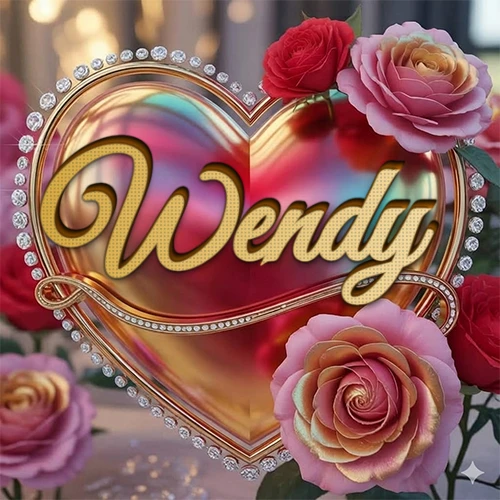 Un marco dorado con forma de corazón tachonado de diamantes, rodeado de rosas naturales en colores que van del rosa al rojo, dando un diseño lujoso y brillante. El nombre Wendy está escrito en el diseño.