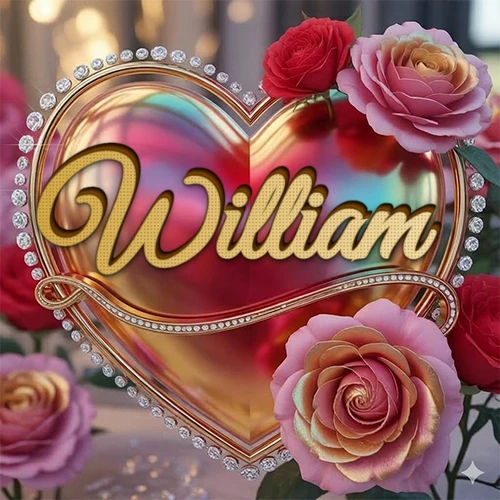 Un marco dorado con forma de corazón tachonado de diamantes, rodeado de rosas naturales en colores que van del rosa al rojo, dando un diseño lujoso y brillante. El nombre William está escrito en el diseño. Un marco dorado con forma de corazón tachonado de diamantes, rodeado de rosas naturales en colores que van del rosa al rojo, dando un diseño lujoso y brillante. El nombre William está escrito en el diseño.