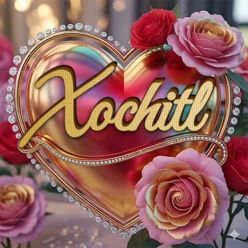 Un marco dorado con forma de corazón tachonado de diamantes, rodeado de rosas naturales en colores que van del rosa al rojo, dando un diseño lujoso y brillante. El nombre Xochitl está escrito en el diseño.