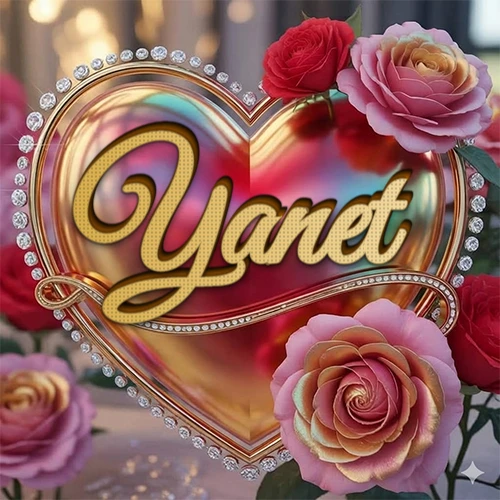 Un marco dorado con forma de corazón tachonado de diamantes, rodeado de rosas naturales en colores que van del rosa al rojo, dando un diseño lujoso y brillante. El nombre Yanet está escrito en el diseño.