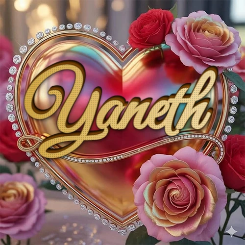 Un marco dorado con forma de corazón tachonado de diamantes, rodeado de rosas naturales en colores que van del rosa al rojo, dando un diseño lujoso y brillante. El nombre Yaneth está escrito en el diseño. Un marco dorado con forma de corazón tachonado de diamantes, rodeado de rosas naturales en colores que van del rosa al rojo, dando un diseño lujoso y brillante. El nombre Yaneth está escrito en el diseño.
