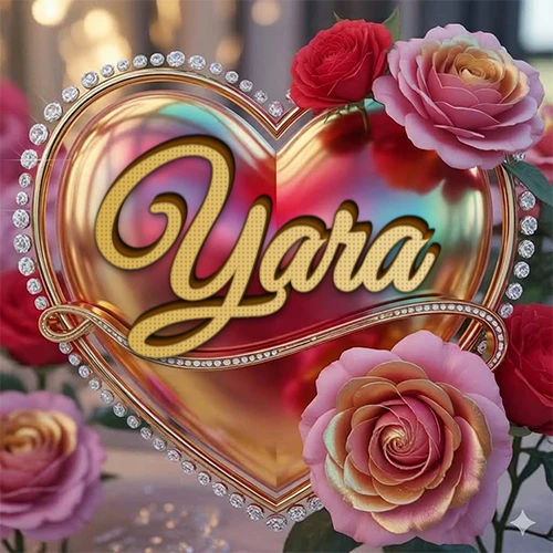 Un marco dorado con forma de corazón tachonado de diamantes, rodeado de rosas naturales en colores que van del rosa al rojo, dando un diseño lujoso y brillante. El nombre Yara está escrito en el diseño. Un marco dorado con forma de corazón tachonado de diamantes, rodeado de rosas naturales en colores que van del rosa al rojo, dando un diseño lujoso y brillante. El nombre Yara está escrito en el diseño.