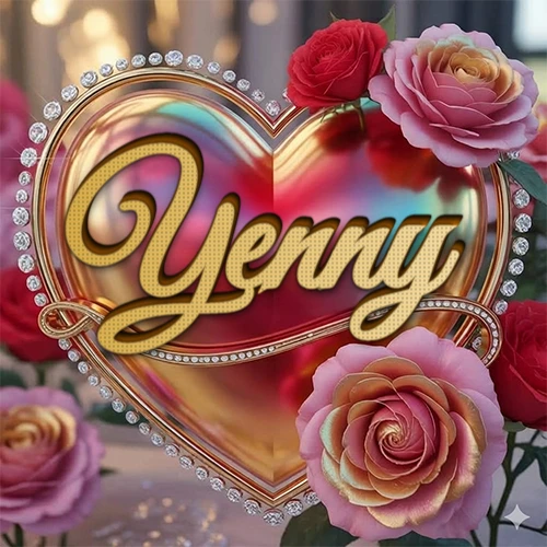 Un marco dorado con forma de corazón tachonado de diamantes, rodeado de rosas naturales en colores que van del rosa al rojo, dando un diseño lujoso y brillante. El nombre Yenny está escrito en el diseño. Un marco dorado con forma de corazón tachonado de diamantes, rodeado de rosas naturales en colores que van del rosa al rojo, dando un diseño lujoso y brillante. El nombre Yenny está escrito en el diseño.