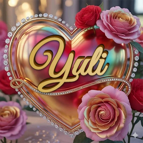 Un marco dorado con forma de corazón tachonado de diamantes, rodeado de rosas naturales en colores que van del rosa al rojo, dando un diseño lujoso y brillante. El nombre Yuli está escrito en el diseño.