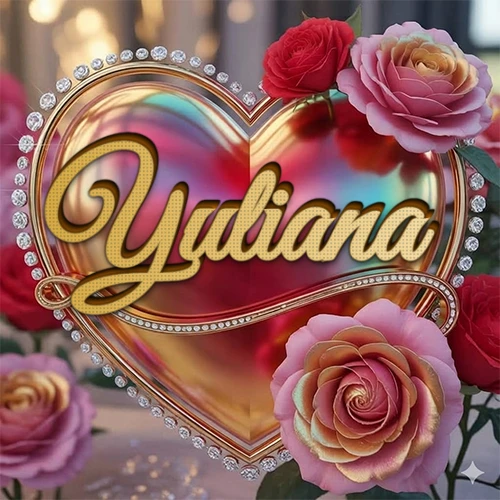 Un marco dorado con forma de corazón tachonado de diamantes, rodeado de rosas naturales en colores que van del rosa al rojo, dando un diseño lujoso y brillante. El nombre Yuliana está escrito en el diseño.