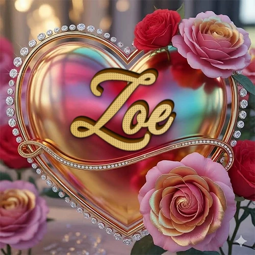 Un marco dorado con forma de corazón tachonado de diamantes, rodeado de rosas naturales en colores que van del rosa al rojo, dando un diseño lujoso y brillante. El nombre Zoe está escrito en el diseño.