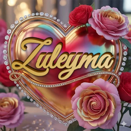 Un marco dorado con forma de corazón tachonado de diamantes, rodeado de rosas naturales en colores que van del rosa al rojo, dando un diseño lujoso y brillante. El nombre Zuleyma está escrito en el diseño.