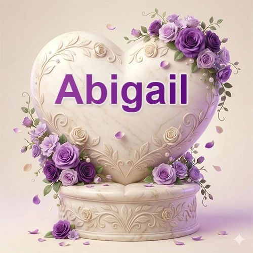 Una delicada escultura de mármol en forma de corazón blanco decorada con motivos clásicos, rodeada de orquídeas y elegantes rosas violetas de una manera artística y atractiva. El nombre Abigail está escrito en el diseño. Una delicada escultura de mármol en forma de corazón blanco decorada con motivos clásicos, rodeada de orquídeas y elegantes rosas violetas de una manera artística y atractiva. El nombre Abigail está escrito en el diseño.