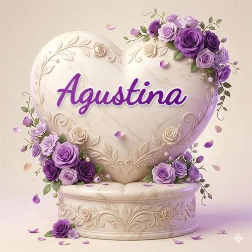 Una delicada escultura de mármol en forma de corazón blanco decorada con motivos clásicos, rodeada de orquídeas y elegantes rosas violetas de una manera artística y atractiva. El nombre Agustina está escrito en el diseño. Una delicada escultura de mármol en forma de corazón blanco decorada con motivos clásicos, rodeada de orquídeas y elegantes rosas violetas de una manera artística y atractiva. El nombre Agustina está escrito en el diseño.