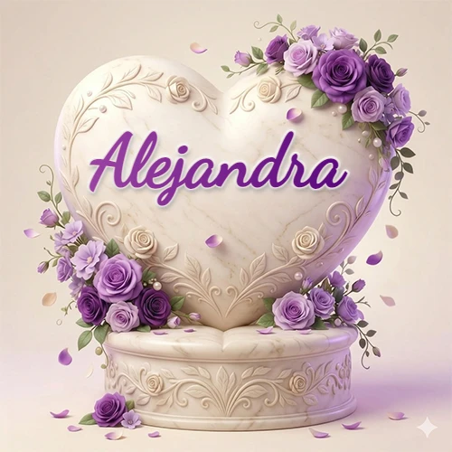 Una delicada escultura de mármol en forma de corazón blanco decorada con motivos clásicos, rodeada de orquídeas y elegantes rosas violetas de una manera artística y atractiva. El nombre Alejandra está escrito en el diseño.