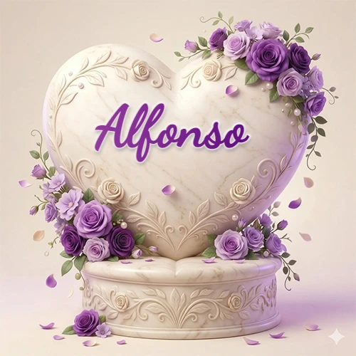 Una delicada escultura de mármol en forma de corazón blanco decorada con motivos clásicos, rodeada de orquídeas y elegantes rosas violetas de una manera artística y atractiva. El nombre Alfonso está escrito en el diseño.