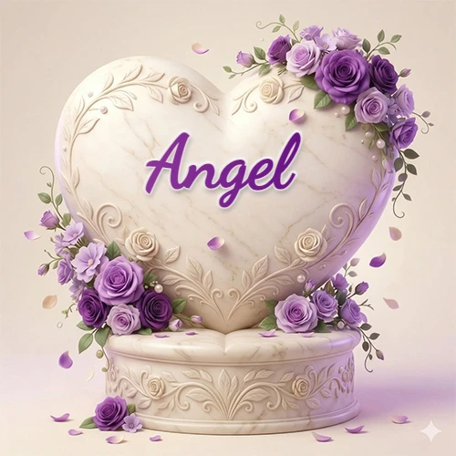 Una delicada escultura de mármol en forma de corazón blanco decorada con motivos clásicos, rodeada de orquídeas y elegantes rosas violetas de una manera artística y atractiva. El nombre Angel está escrito en el diseño.