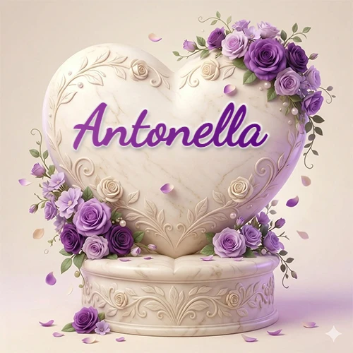 Una delicada escultura de mármol en forma de corazón blanco decorada con motivos clásicos, rodeada de orquídeas y elegantes rosas violetas de una manera artística y atractiva. El nombre Antonella está escrito en el diseño.
