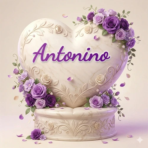 Una delicada escultura de mármol en forma de corazón blanco decorada con motivos clásicos, rodeada de orquídeas y elegantes rosas violetas de una manera artística y atractiva. El nombre Antonino está escrito en el diseño. Una delicada escultura de mármol en forma de corazón blanco decorada con motivos clásicos, rodeada de orquídeas y elegantes rosas violetas de una manera artística y atractiva. El nombre Antonino está escrito en el diseño.
