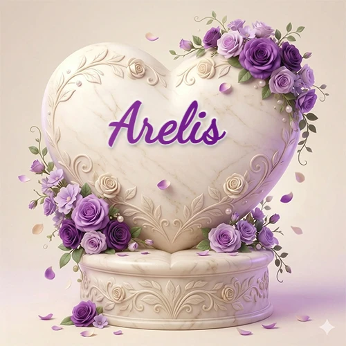 Una delicada escultura de mármol en forma de corazón blanco decorada con motivos clásicos, rodeada de orquídeas y elegantes rosas violetas de una manera artística y atractiva. El nombre Arelis está escrito en el diseño.