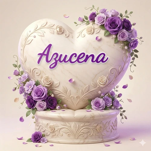 Una delicada escultura de mármol en forma de corazón blanco decorada con motivos clásicos, rodeada de orquídeas y elegantes rosas violetas de una manera artística y atractiva. El nombre Azucena está escrito en el diseño.