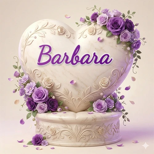 Una delicada escultura de mármol en forma de corazón blanco decorada con motivos clásicos, rodeada de orquídeas y elegantes rosas violetas de una manera artística y atractiva. El nombre Barbara está escrito en el diseño.