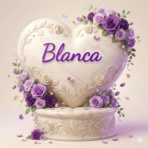 Una delicada escultura de mármol en forma de corazón blanco decorada con motivos clásicos, rodeada de orquídeas y elegantes rosas violetas de una manera artística y atractiva. El nombre Blanca está escrito en el diseño.