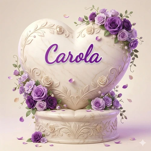 Una delicada escultura de mármol en forma de corazón blanco decorada con motivos clásicos, rodeada de orquídeas y elegantes rosas violetas de una manera artística y atractiva. El nombre Carola está escrito en el diseño.