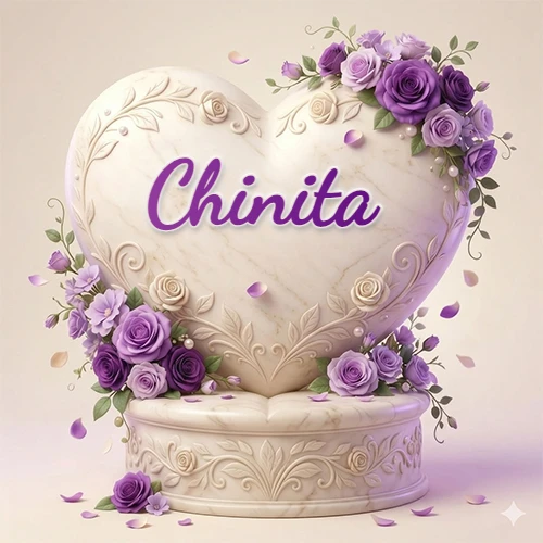 Una delicada escultura de mármol en forma de corazón blanco decorada con motivos clásicos, rodeada de orquídeas y elegantes rosas violetas de una manera artística y atractiva. El nombre Chinita está escrito en el diseño.