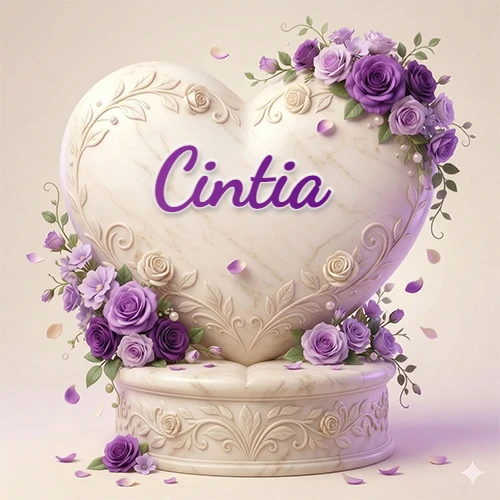 Una delicada escultura de mármol en forma de corazón blanco decorada con motivos clásicos, rodeada de orquídeas y elegantes rosas violetas de una manera artística y atractiva. El nombre Cintia está escrito en el diseño. Una delicada escultura de mármol en forma de corazón blanco decorada con motivos clásicos, rodeada de orquídeas y elegantes rosas violetas de una manera artística y atractiva. El nombre Cintia está escrito en el diseño.