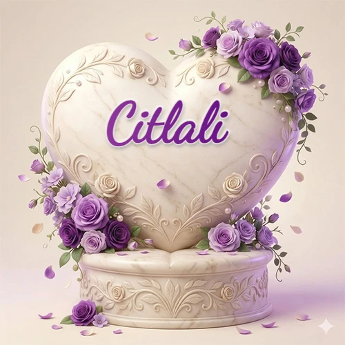 Una delicada escultura de mármol en forma de corazón blanco decorada con motivos clásicos, rodeada de orquídeas y elegantes rosas violetas de una manera artística y atractiva. El nombre Citlali está escrito en el diseño. Una delicada escultura de mármol en forma de corazón blanco decorada con motivos clásicos, rodeada de orquídeas y elegantes rosas violetas de una manera artística y atractiva. El nombre Citlali está escrito en el diseño.