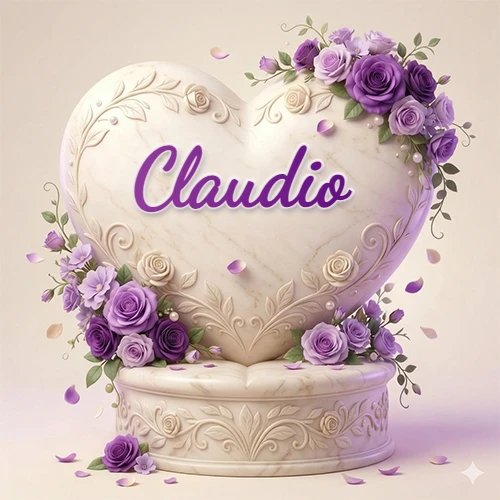 Una delicada escultura de mármol en forma de corazón blanco decorada con motivos clásicos, rodeada de orquídeas y elegantes rosas violetas de una manera artística y atractiva. El nombre Claudio está escrito en el diseño.