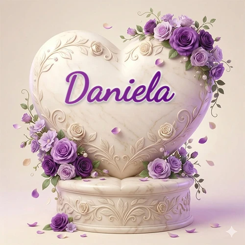 Una delicada escultura de mármol en forma de corazón blanco decorada con motivos clásicos, rodeada de orquídeas y elegantes rosas violetas de una manera artística y atractiva. El nombre Daniela está escrito en el diseño.