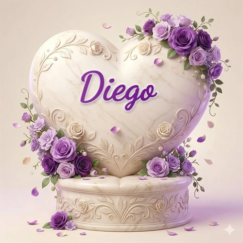Una delicada escultura de mármol en forma de corazón blanco decorada con motivos clásicos, rodeada de orquídeas y elegantes rosas violetas de una manera artística y atractiva. El nombre Diego está escrito en el diseño. Una delicada escultura de mármol en forma de corazón blanco decorada con motivos clásicos, rodeada de orquídeas y elegantes rosas violetas de una manera artística y atractiva. El nombre Diego está escrito en el diseño.