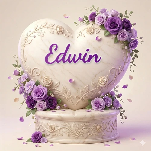 Una delicada escultura de mármol en forma de corazón blanco decorada con motivos clásicos, rodeada de orquídeas y elegantes rosas violetas de una manera artística y atractiva. El nombre Edwin está escrito en el diseño.
