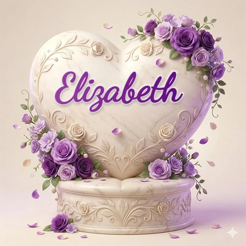 Una delicada escultura de mármol en forma de corazón blanco decorada con motivos clásicos, rodeada de orquídeas y elegantes rosas violetas de una manera artística y atractiva. El nombre Elizabeth está escrito en el diseño. Una delicada escultura de mármol en forma de corazón blanco decorada con motivos clásicos, rodeada de orquídeas y elegantes rosas violetas de una manera artística y atractiva. El nombre Elizabeth está escrito en el diseño.