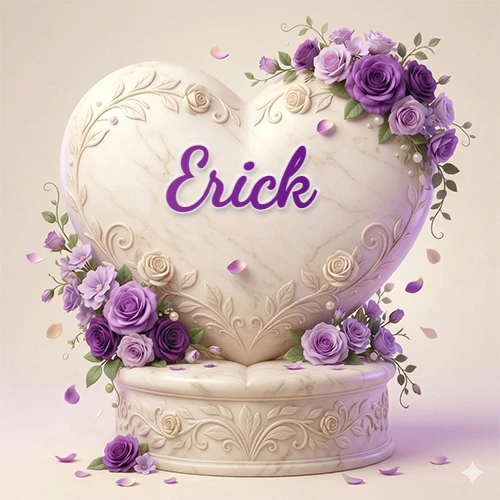 Una delicada escultura de mármol en forma de corazón blanco decorada con motivos clásicos, rodeada de orquídeas y elegantes rosas violetas de una manera artística y atractiva. El nombre Erick está escrito en el diseño.