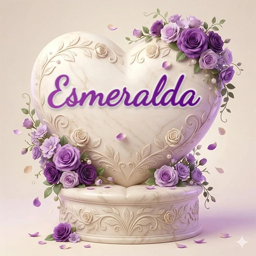 Una delicada escultura de mármol en forma de corazón blanco decorada con motivos clásicos, rodeada de orquídeas y elegantes rosas violetas de una manera artística y atractiva. El nombre Esmeralda está escrito en el diseño. Una delicada escultura de mármol en forma de corazón blanco decorada con motivos clásicos, rodeada de orquídeas y elegantes rosas violetas de una manera artística y atractiva. El nombre Esmeralda está escrito en el diseño.