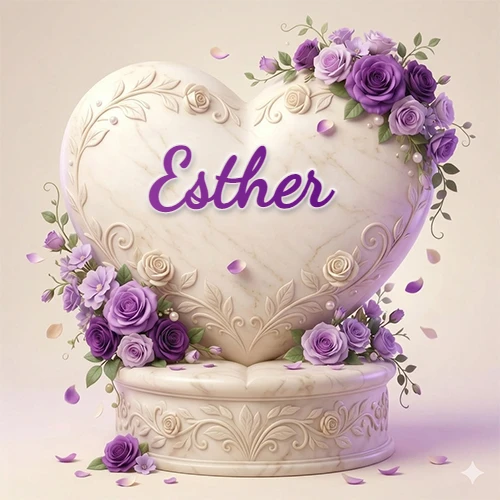 Una delicada escultura de mármol en forma de corazón blanco decorada con motivos clásicos, rodeada de orquídeas y elegantes rosas violetas de una manera artística y atractiva. El nombre Esther está escrito en el diseño.