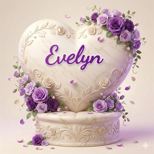 Una delicada escultura de mármol en forma de corazón blanco decorada con motivos clásicos, rodeada de orquídeas y elegantes rosas violetas de una manera artística y atractiva. El nombre Evelyn está escrito en el diseño. Una delicada escultura de mármol en forma de corazón blanco decorada con motivos clásicos, rodeada de orquídeas y elegantes rosas violetas de una manera artística y atractiva. El nombre Evelyn está escrito en el diseño.