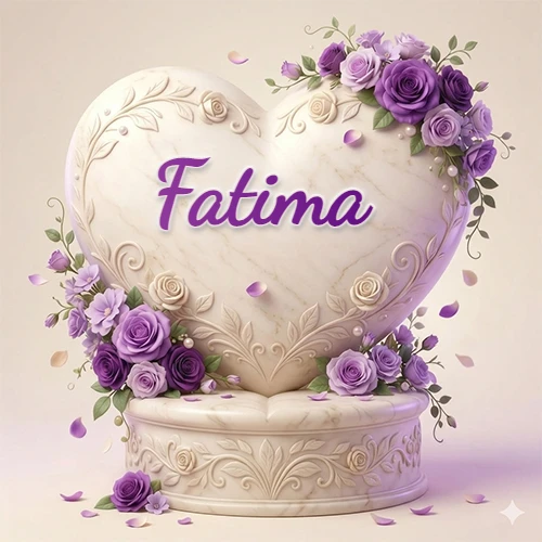 Una delicada escultura de mármol en forma de corazón blanco decorada con motivos clásicos, rodeada de orquídeas y elegantes rosas violetas de una manera artística y atractiva. El nombre Fatima está escrito en el diseño.
