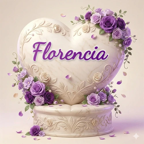 Una delicada escultura de mármol en forma de corazón blanco decorada con motivos clásicos, rodeada de orquídeas y elegantes rosas violetas de una manera artística y atractiva. El nombre Florencia está escrito en el diseño. Una delicada escultura de mármol en forma de corazón blanco decorada con motivos clásicos, rodeada de orquídeas y elegantes rosas violetas de una manera artística y atractiva. El nombre Florencia está escrito en el diseño.