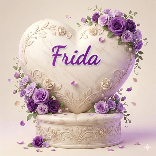 Una delicada escultura de mármol en forma de corazón blanco decorada con motivos clásicos, rodeada de orquídeas y elegantes rosas violetas de una manera artística y atractiva. El nombre Frida está escrito en el diseño.