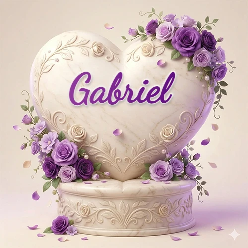 Una delicada escultura de mármol en forma de corazón blanco decorada con motivos clásicos, rodeada de orquídeas y elegantes rosas violetas de una manera artística y atractiva. El nombre Gabriel está escrito en el diseño. Una delicada escultura de mármol en forma de corazón blanco decorada con motivos clásicos, rodeada de orquídeas y elegantes rosas violetas de una manera artística y atractiva. El nombre Gabriel está escrito en el diseño.