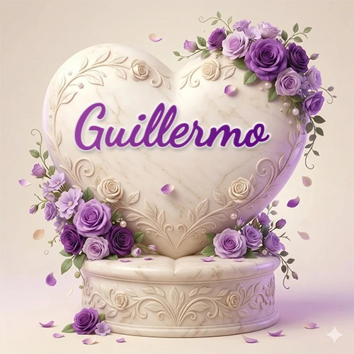 Una delicada escultura de mármol en forma de corazón blanco decorada con motivos clásicos, rodeada de orquídeas y elegantes rosas violetas de una manera artística y atractiva. El nombre Guillermo está escrito en el diseño.