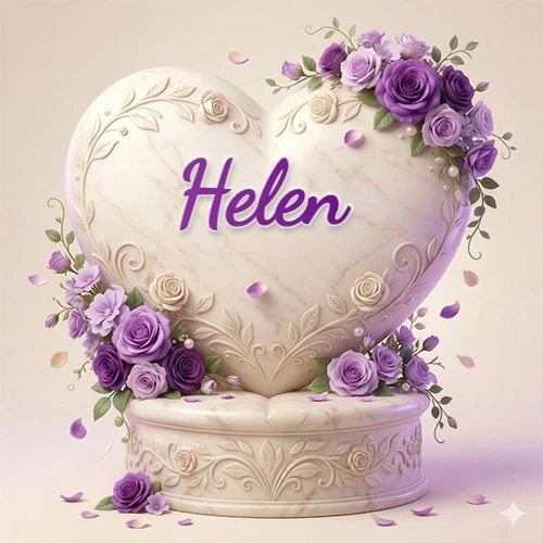 Una delicada escultura de mármol en forma de corazón blanco decorada con motivos clásicos, rodeada de orquídeas y elegantes rosas violetas de una manera artística y atractiva. El nombre Helen está escrito en el diseño.
