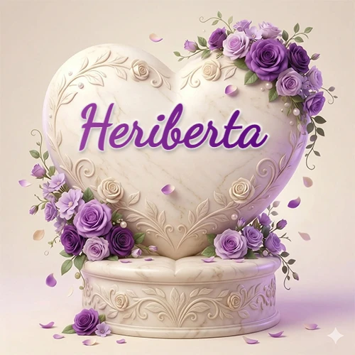 Una delicada escultura de mármol en forma de corazón blanco decorada con motivos clásicos, rodeada de orquídeas y elegantes rosas violetas de una manera artística y atractiva. El nombre Heriberta está escrito en el diseño.