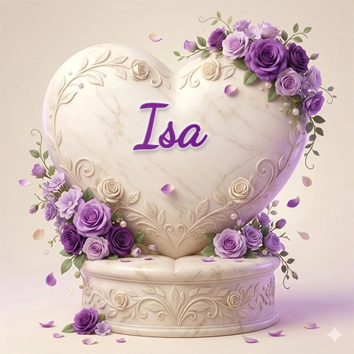 Una delicada escultura de mármol en forma de corazón blanco decorada con motivos clásicos, rodeada de orquídeas y elegantes rosas violetas de una manera artística y atractiva. El nombre Isa está escrito en el diseño.