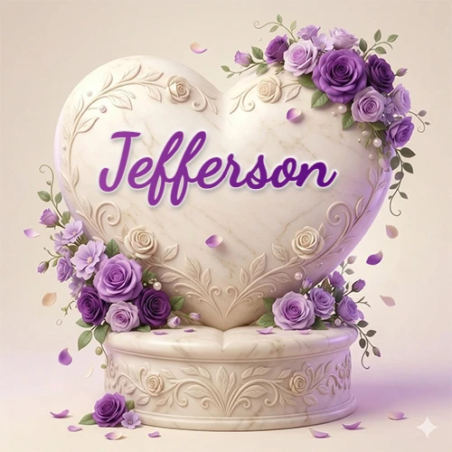 Una delicada escultura de mármol en forma de corazón blanco decorada con motivos clásicos, rodeada de orquídeas y elegantes rosas violetas de una manera artística y atractiva. El nombre Jefferson está escrito en el diseño.