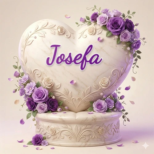 Una delicada escultura de mármol en forma de corazón blanco decorada con motivos clásicos, rodeada de orquídeas y elegantes rosas violetas de una manera artística y atractiva. El nombre Josefa está escrito en el diseño.