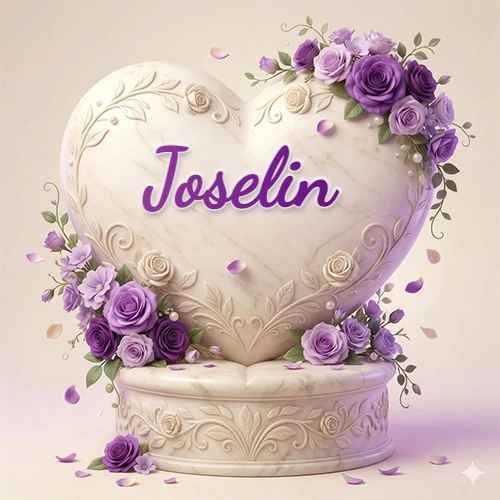 Una delicada escultura de mármol en forma de corazón blanco decorada con motivos clásicos, rodeada de orquídeas y elegantes rosas violetas de una manera artística y atractiva. El nombre Joselin está escrito en el diseño.