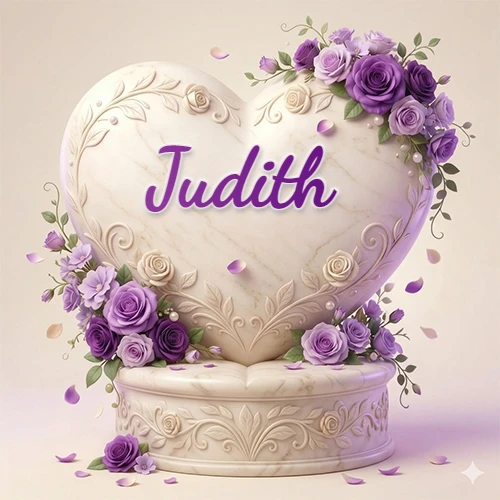 Una delicada escultura de mármol en forma de corazón blanco decorada con motivos clásicos, rodeada de orquídeas y elegantes rosas violetas de una manera artística y atractiva. El nombre Judith está escrito en el diseño.