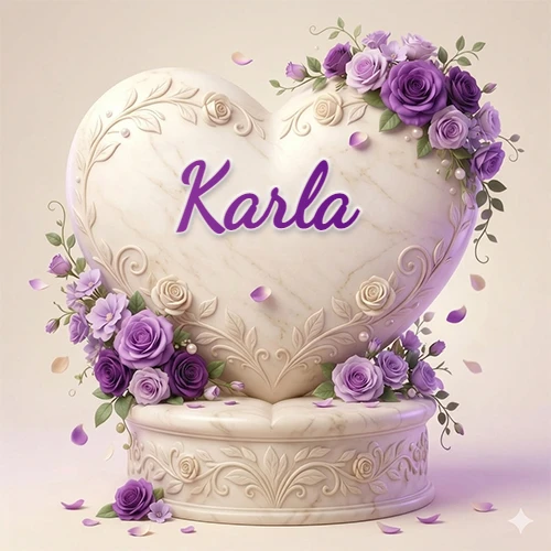 Una delicada escultura de mármol en forma de corazón blanco decorada con motivos clásicos, rodeada de orquídeas y elegantes rosas violetas de una manera artística y atractiva. El nombre Karla está escrito en el diseño.